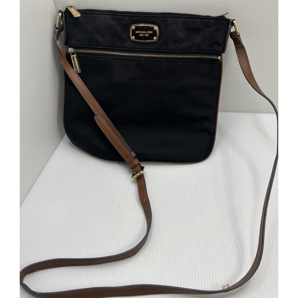 Michael Kors Small Nylon Leather Crossbody Bag Purse, Black Tan 10 By 10.5”